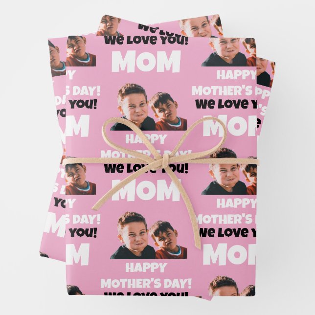 Funny Custom Kids Face Photo Happy Mother's Day Wrapping Paper Sheet (In situ)