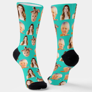 Funny Custom Mom of 3 Kids Photo Turquoise Socks