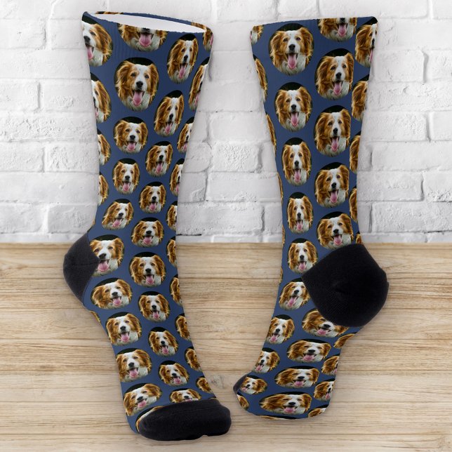 Funny Custom Pet Photo Dog Cat Pattern Blue Socks (Creator Uploaded)