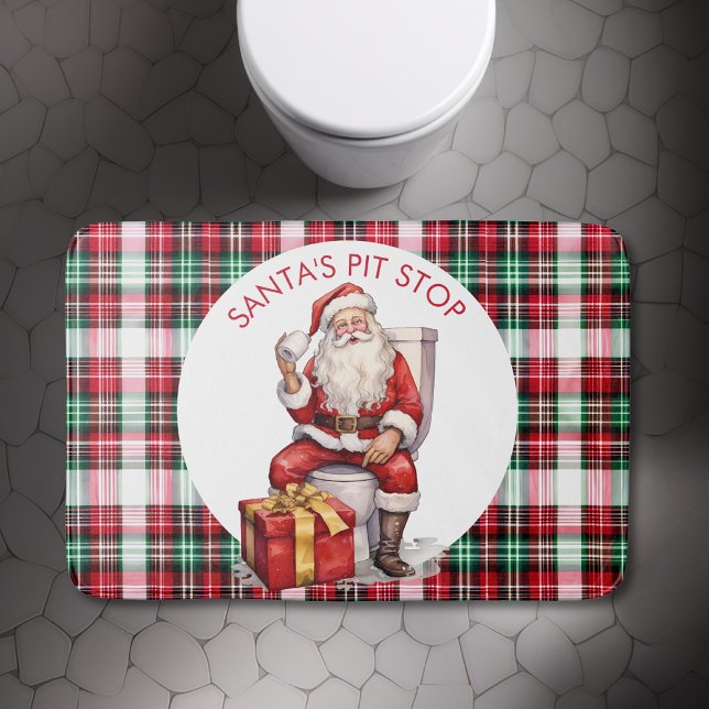 Funny Custom Santa Claus Toilet Quote Christmas Bath Mat (Funny Christmas Toilet Humor Quote Santas Pit Stop sitting on loo bathroom holiday decor red green )