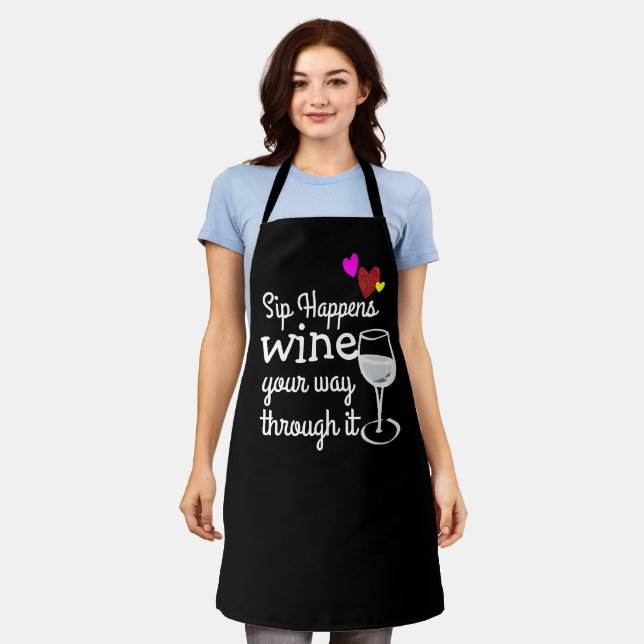 Funny Custom  Sassy Sip Happens Personalized Black Apron (Worn)