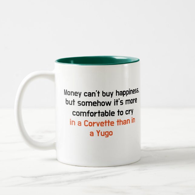 Funny Customizable Mug: Money Can't Buy Happiness Two-Tone Coffee Mug (Left)