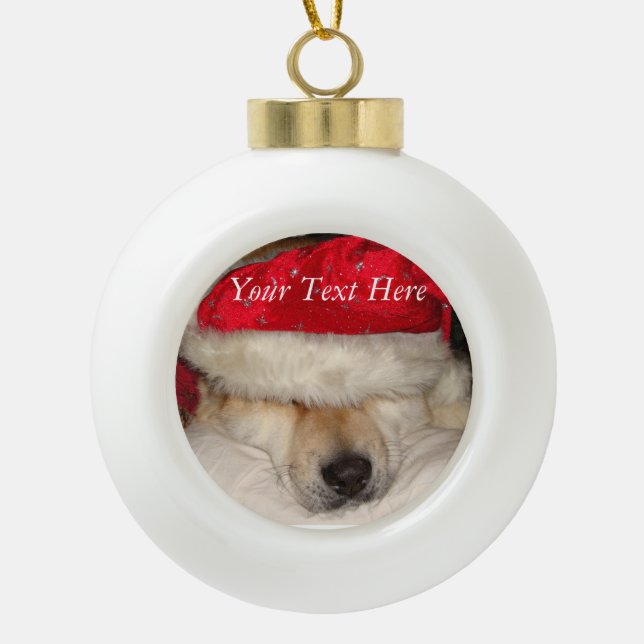 funny cute akita dog dressed as santa ceramic ball christmas ornament (Front)