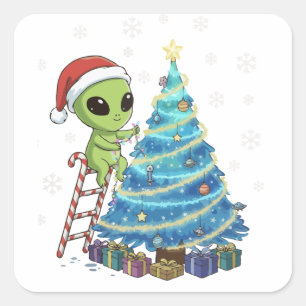 Funny Cute Alien Santa Decorating Space Christmas Square Sticker