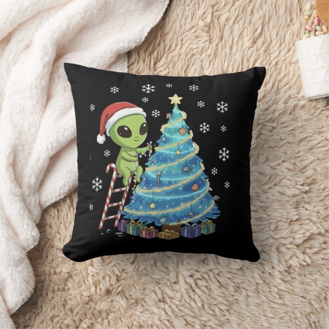 Funny Cute Alien Santa Decorating  Space Christmas Throw Pillow (Blanket)