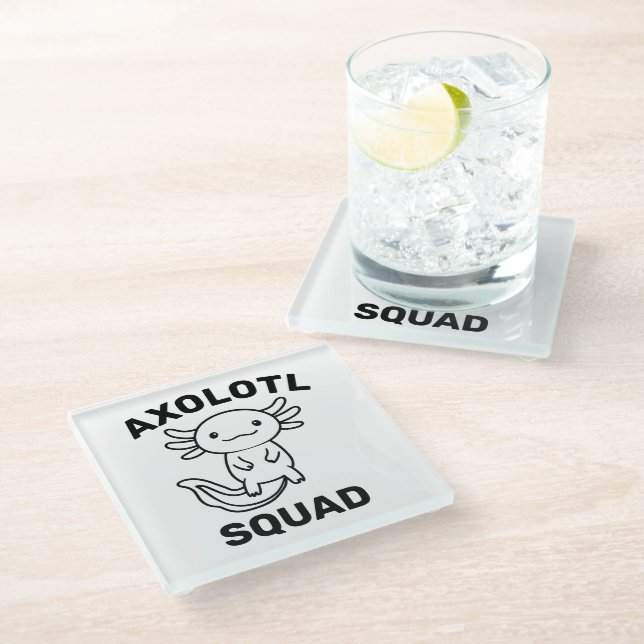 Funny cute Axolotl Squad custom editable black Glass Coaster (Angled)