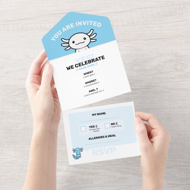 Funny cute Axolotl Squad custom editable blue All In One Invitation (Tearaway)