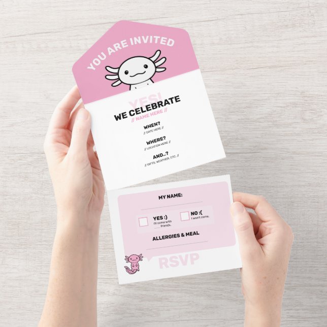 Funny cute Axolotl Squad custom editable pink All In One Invitation (Tearaway)