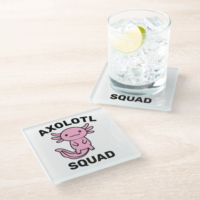 Funny cute Axolotl Squad custom editable pink Glass Coaster (Angled)