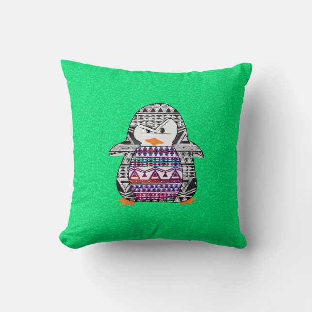 Funny Cute Aztec Penguin on Green Background Throw Pillow (Front)