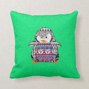 Funny Cute Aztec Penguin on Green Background Throw Pillow