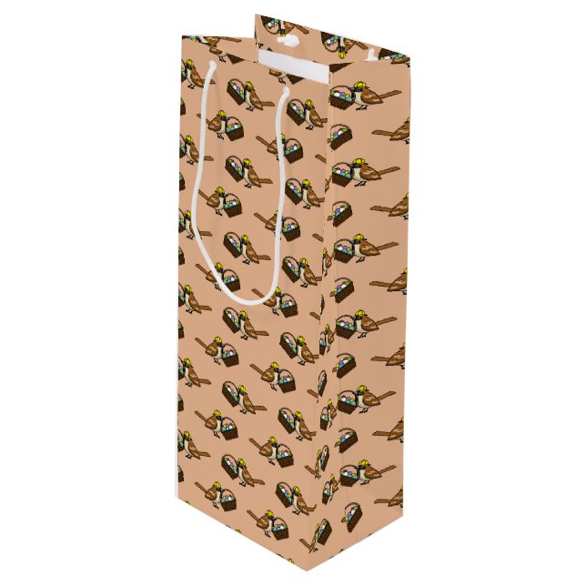 Funny Cute Bird with Colourful Eggs Basket Pattern Wine Gift Bag (Front Angled)