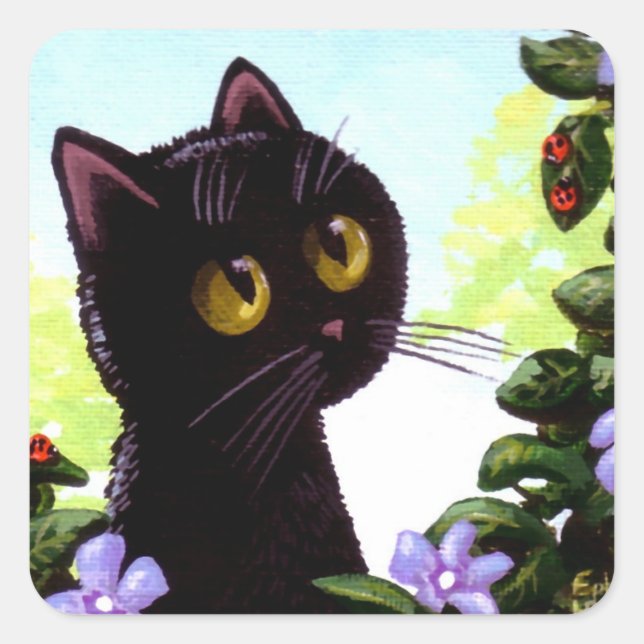 Funny Cute Black Cat Art Ladybug Creationarts Square Sticker (Front)