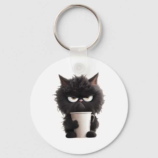 Funny Cute Black Cat Coffee Angry  Keychain (Front)