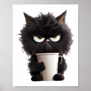 Funny Cute Black Cat Coffee Angry  Poster