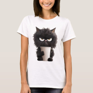 Funny Cute Black Cat Coffee Angry  T-Shirt