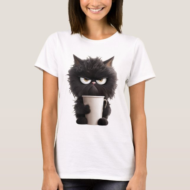 Funny Cute Black Cat Coffee Angry  T-Shirt (Front)