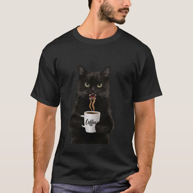 Funny Cute Black Cat Coffee Angry T-Shirt (Front)