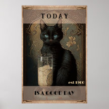 Funny cute Black cat drinking milk
