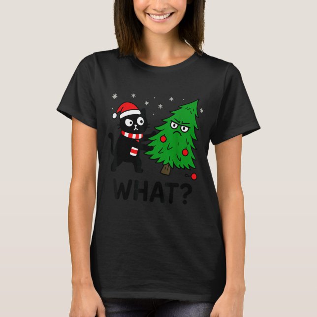 Funny Cute Black Cat What Jamas Christmas Tree Cos T-Shirt (Front)