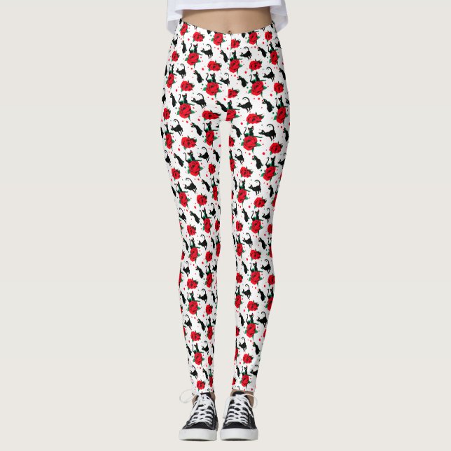Funny Cute Black Cats Red Roses Pattern Leggings (Front)