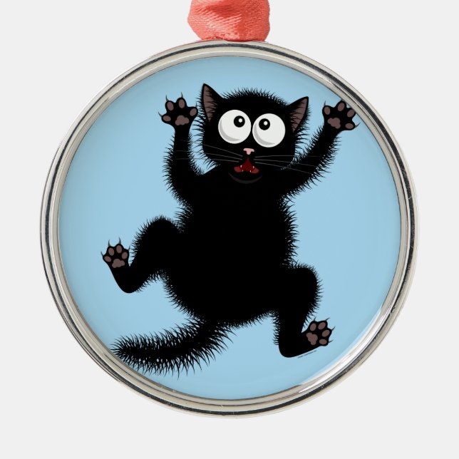 Funny Cute Black Scared Cartoon Cat, kitten Metal Ornament (Front)