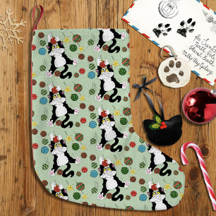 Funny Cute Black White Tuxedo Cat Holiday Green Small Christmas Stocking