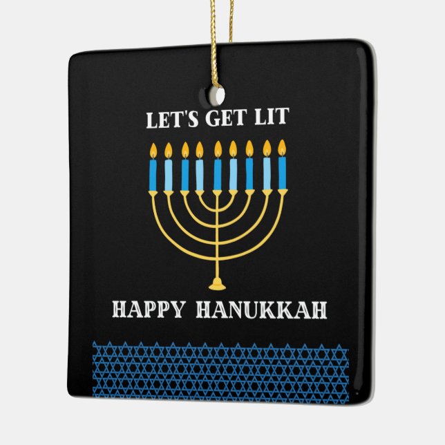 Funny Cute Blue Hanukkah Menorah Design Ceramic Ornament (Left)