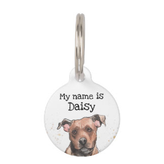 Funny & cute Brown staffie, staffy Dog Watercolor Pet Tag