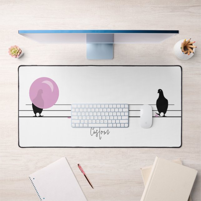Funny Cute Bubblegum Birds on a Wire White Desk Mat (Office 1)