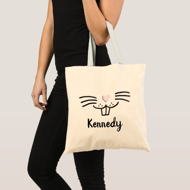 Funny cute bunny face custom name Easter egg hunt Tote Bag (Front (Product))
