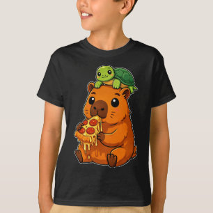 Funny Cute Capybara Eating Pizza with Turtle Anime T-Shirt