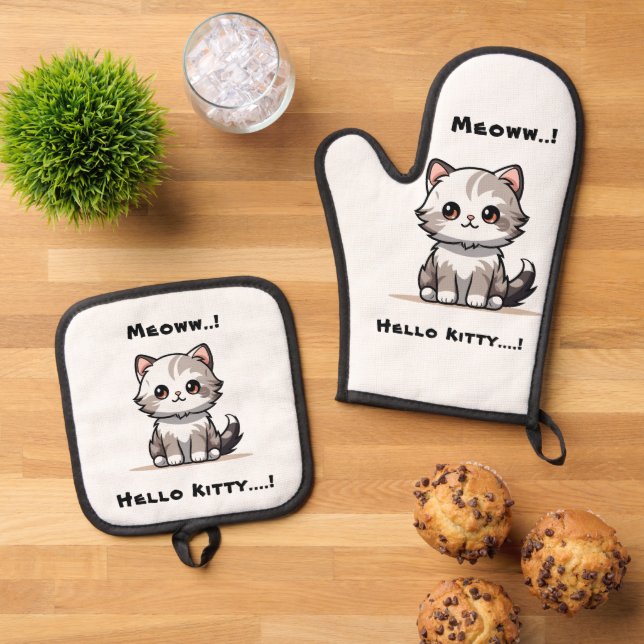 Funny Cute Cat Catmas Humour  Oven Mitt & Pot Holder Set (Top Down)