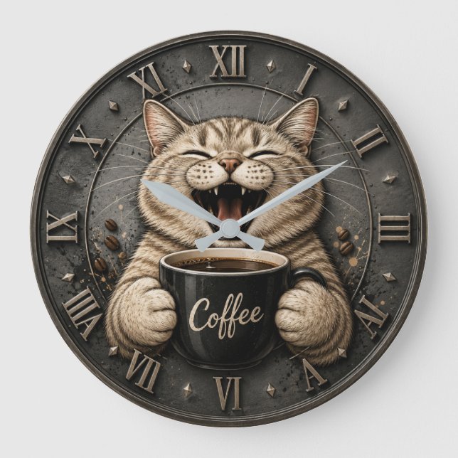 Funny Cute Cat Coffee Lover Decor Large Clock (Front)