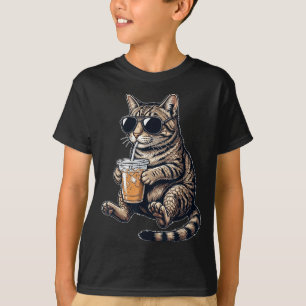 Funny Cute Cat Drinking Iced Coffee Cool Animal T-Shirt