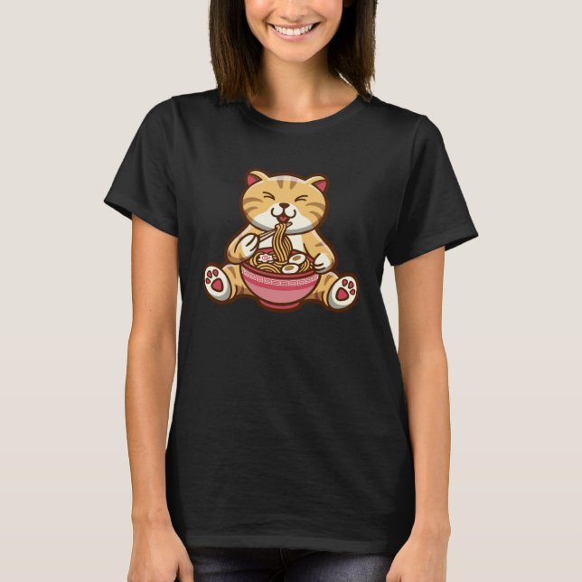 Funny cute cat eating spaghetti T-Shirt (Front)