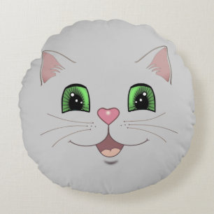 Funny cute cat face on silver grey round pillow