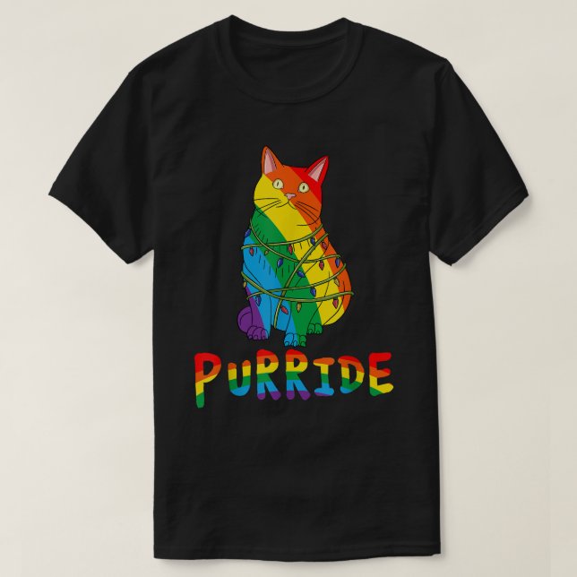 Funny Cute Cat Gay Pride Rainbow Fairy Lights PURR T-Shirt (Design Front)