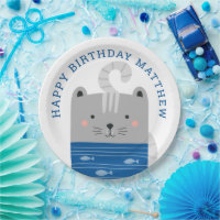 Funny cute cat. Kids / baby boy animal birthday