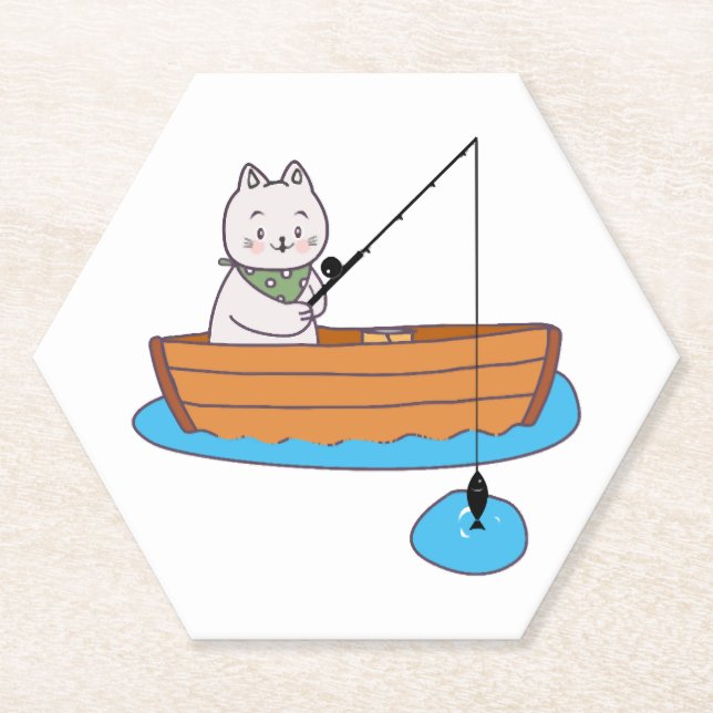 Funny Cute Cat Kitten With Fishing Rod Paper Coaster (Front)