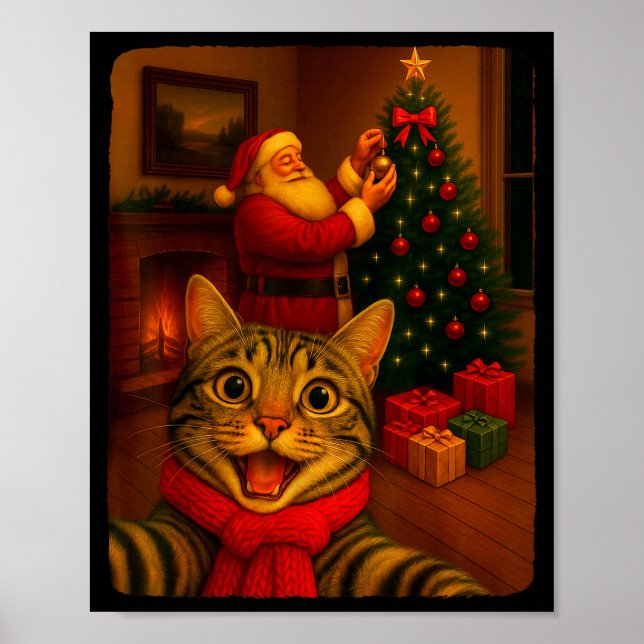 Funny Cute Cat Selfie With Santa Christmas Xmas Wo Poster (Front)