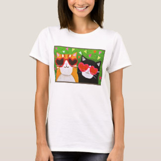 Funny Cute Cat with Heart Glasses Cat Folk Art T-Shirt