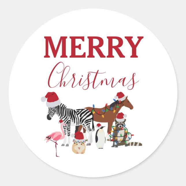 Funny Cute Christmas Animals Santa Hats Lights  Classic Round Sticker (Front)