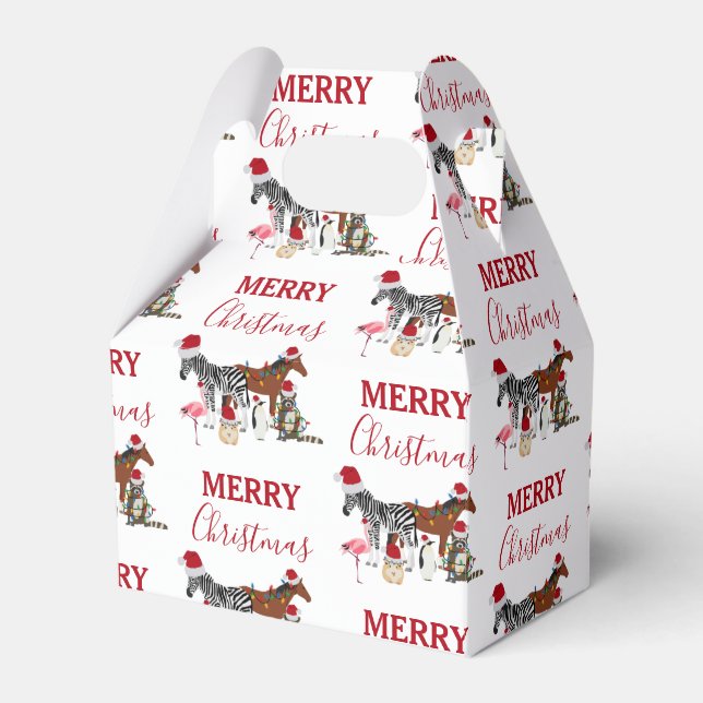 Funny Cute Christmas Animals Santa Hats Lights Favor Box (Front Side)