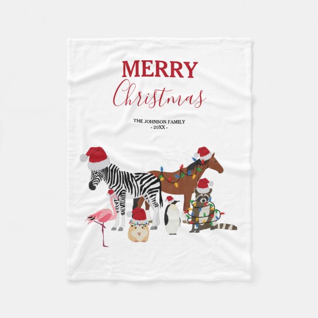 Funny Cute Christmas Animals Santa Hats Lights   Fleece Blanket (Front)