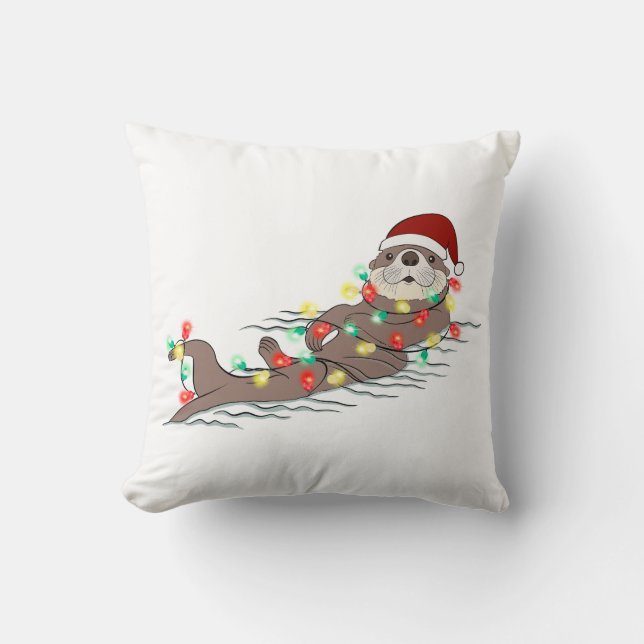 Funny Cute Christmas Otter Throw Pillow (Front)