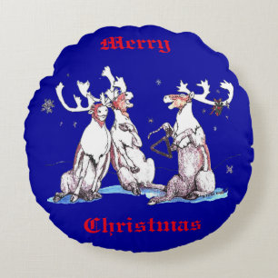 Funny Cute Christmas Singing Caribou Round Pillow