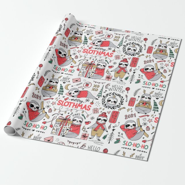 Funny Cute Christmas Sloth with Santa Hat Wrapping Wrapping Paper (Unrolled)