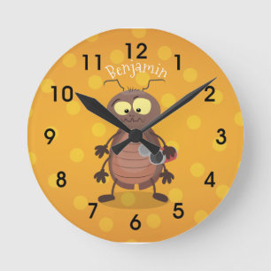 Funny cute cockroach cartoon character round clock