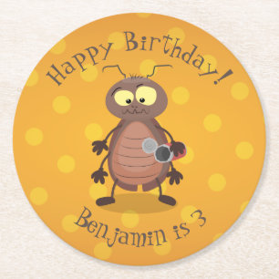 Funny cute cockroach cartoon character round paper coaster